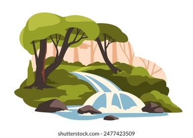 Concepto de paisaje forestal. Árbol y rocas cerca del río. Bonitas vistas. Día de primavera o verano. Elemento gráfico para el Sitio web. Ilustración vectorial plana de dibujos animados aislada sobre fondo blanco