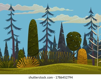 Forest landscape. Coniferous and deciduous trees. Spruces, pine trees, dense foliage, bushes and thicket . Green spaces. Wild nature, deep forest. Clear blue skies. Cartoon vector illustration.
