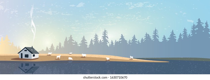 Forest landscape in the country, illustration for children's books on the theme of recreation in seasonal periods. Forests, ponds and animals. Ecology illustration