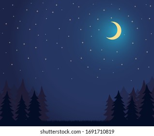 Forest Landscape Dark Night Sky With Lot of Shiny Stars and Grass Ground Silhoutte Background