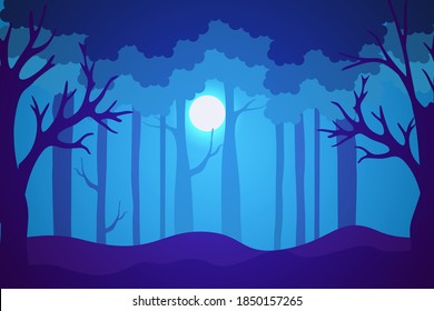 Forest landscape with dead trees at night. Vector illustration