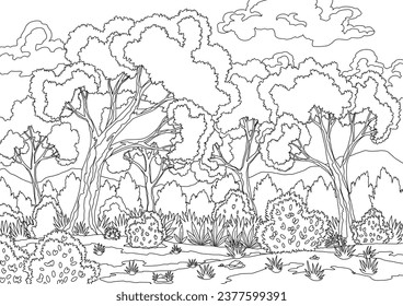 Forest landscape with deciduous trees, grass and bushes on ground in coloring style. Scenery hand draw view, summer or spring wood. Cartoon forest daytime, vector illustration