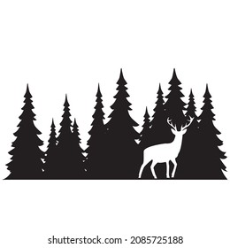 Forest landscape with deer and silhouettes of trees.Vector illustration