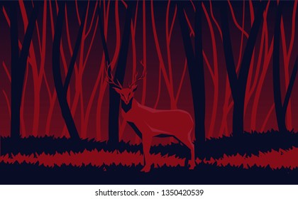 forest landscape with a deer in the woods, vector illustration in red and dark blue colors