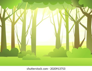 Forest landscape. Dense wild trees with tall, branched trunks. Sunrise. Summer green landscape. Flat design. Cartoon style. Vector