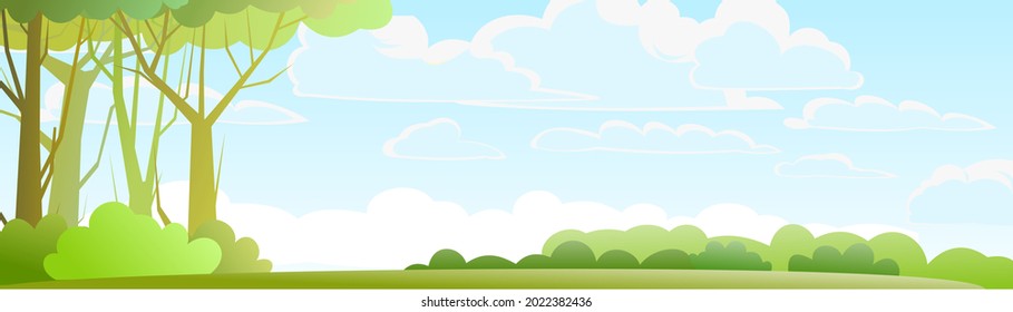 Forest landscape. Dense wild trees with tall, branched trunks. Panorama. Summer green landscape. Flat design. Cartoon style. Vector