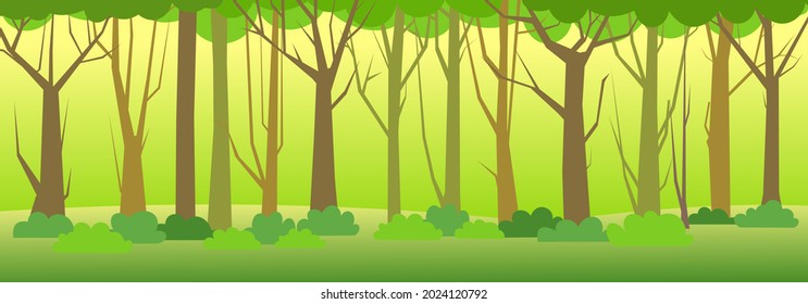 Forest landscape. Dense wild trees with tall, branched trunks. Panorama. Summer green landscape. Flat design. Cartoon style. Vector