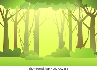 Forest landscape. Dense wild trees with tall, branched trunks. Summer green landscape. Flat design. Cartoon style. Vector