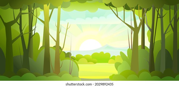 Paisaje forestal. Árboles salvajes densos con troncos altos y ramificados. Paisaje verde veraniego. Diseño plano. Estilo de caricatura. Vector