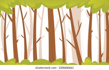 Paisaje forestal densos árboles silvestres con troncos altos ramificados paisaje verde verano diseño plano