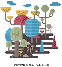 Forest landscape with different trees and bushes. Eco style life. Abstract forest. Vector flat illustrations