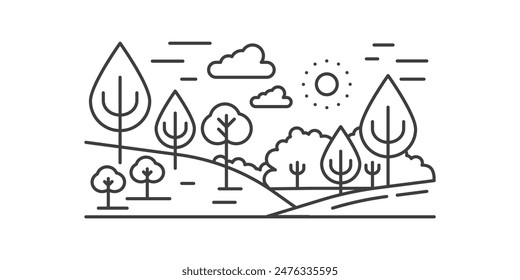 Forest landscape, different trees growing on hills on sunny day, line icon vector illustration