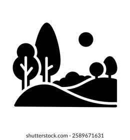 Forest landscape, different trees growing on hills vector solid icon. Nature sign. Graph symbol for travel and tourism web site and apps design, logo, app, UI