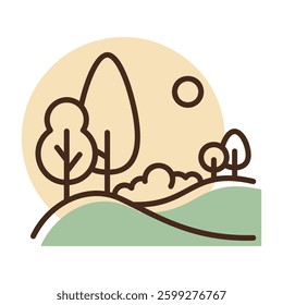 Forest landscape, different trees growing on hills vector icon. Nature sign. Graph symbol for travel and tourism web site and apps design, logo, app, UI