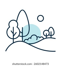 Forest landscape, different trees growing on hills vector icon. Nature sign. Graph symbol for travel and tourism web site and apps design, logo, app, UI