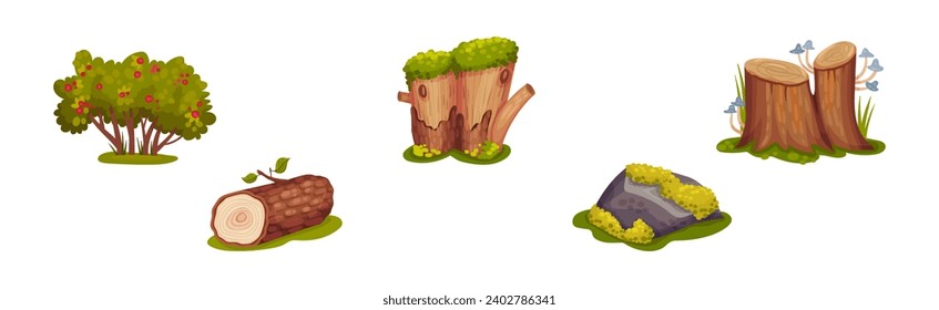 Forest Landscape Elements with Bush, Log, Stone and Tree Stump Vector Set