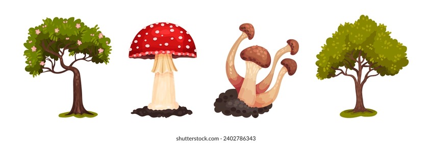 Forest Landscape Elements with Tree and Mushroom Vector Set