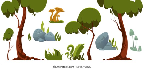 Forest landscape elements, trees, green grass, stones and mushroom. Vector cartoon set of summer garden or park objects, foliage plants and rocks isolated on white background