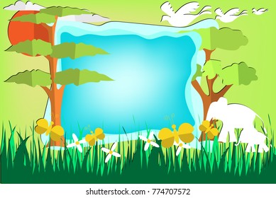 forest landscape with elephant and bird flying above ,and sun sky background, vector art and illustration.