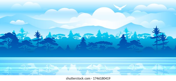 Forest landscape with evergreen trees, mountains, lake, hills, clouds. Panoramic woodland view in blue colors with pine silhouettes, river, reflection, eagle. National park banner in flat style.