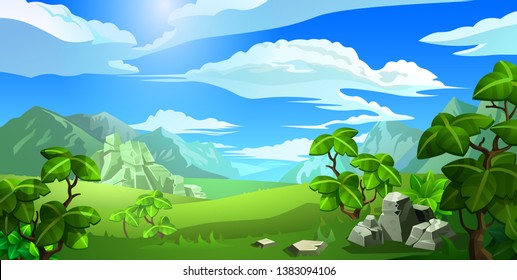 Forest landscape. Fantastic panorama of nature with green plants, hills and mountains. Vector illustration.