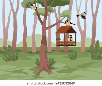 Forest landscape with feeder and flying birds. Animals feeding. Summer nature scenery. Titmouse in bird house. House on tree branches. Birdwatching or caring of birdies. Vector concept