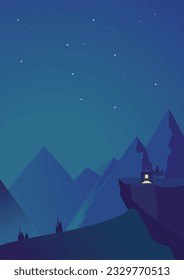 forest landscape flat color illustration at night time landscape night view, silhouette vector illustration night landscape with mountain and moon
