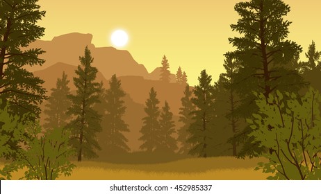 forest landscape flat color illustration in evening time