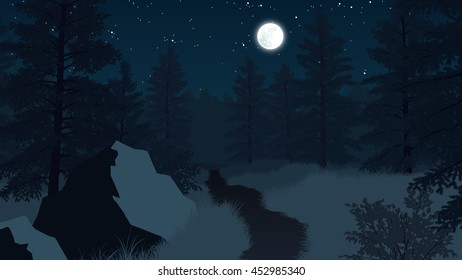 forest landscape flat color illustration at night time