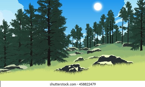forest landscape flat color illustration in day time