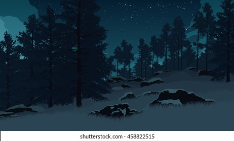 forest landscape flat color illustration at night time