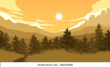 forest landscape flat color illustration in evening time
