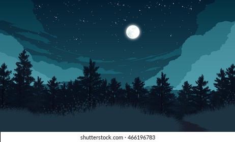 forest landscape flat color illustration at night time