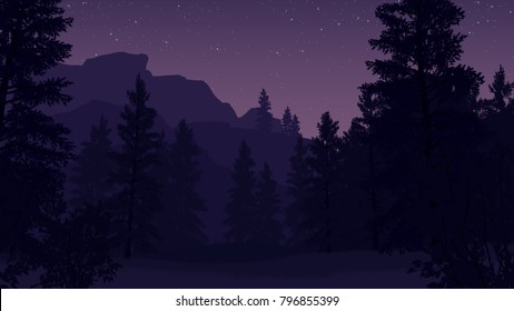 forest landscape flat color illustration in the morning