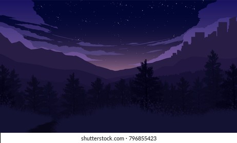 Forest Landscape Flat Color Illustration Night Stock Vector (Royalty ...