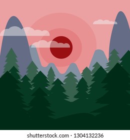 Forest Landscape Flat Design. The power of sunset or sunrise in the forest. Nature at dawn in the coniferous forest. Simple multicolored texture. Vector illustration. 