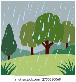 Paisagem florestal em estilo plano para estação chuvosa com árvores e chuva caindo.