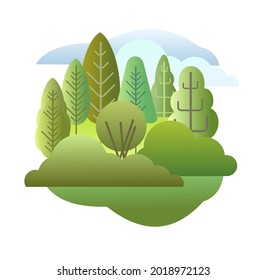 Forest landscape. Flat style symbolic illustration. Summer forest with trees and bushes. Rural wildlife. suburban scenery with trees. Isolated Beautiful art picture. Vector