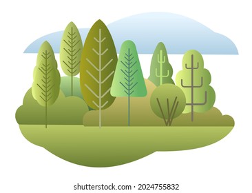 Paisaje forestal. Ilustración simbólica de estilo plano. Bosque de verano con árboles y arbustos. Vida silvestre rural. paisaje suburbano con árboles. Hermosa foto de arte aislada. Vector.