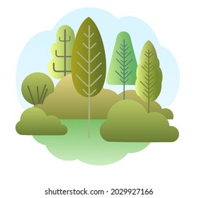 Paisaje forestal. Ilustración simbólica de estilo plano. Bosque de verano con árboles y arbustos. Vida silvestre rural. paisaje suburbano con árboles. Hermosa foto de arte aislada. Vector.