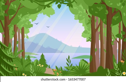 Forest landscape flat vector illustration. Woodland scenery, wildlife panorama, lake and mountains, hilly terrain scene. Nature, summertime, rural landscape, green valley panoramic view