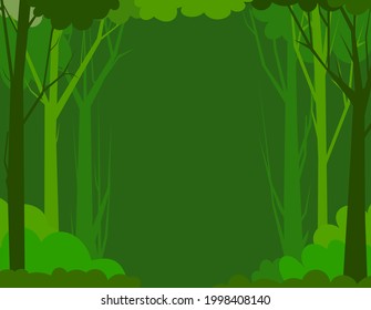Forest landscape. Frame. Dense wild trees with tall, branched trunks. Summer green landscape. Flat design. Cartoon style. Vector