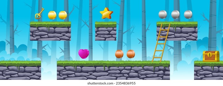Forest Landscape Game Background With Platform And Game Asset