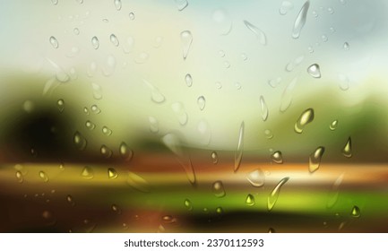 Forest landscape. Glass with raindrops. Gradient Mesh, vector illustration