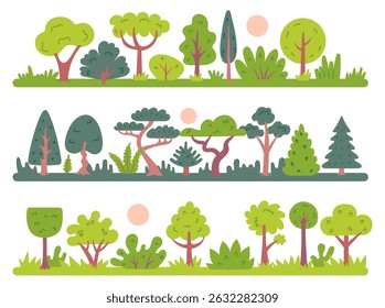 Paisagem florestal. Árvores verdes, arbustos e pinheiros, florestas de verão de desenhos animados abstratos, plantas em madeira. Cenas de eco e vida selvagem. Limites naturais de florestas vetoriais ao ar livre.