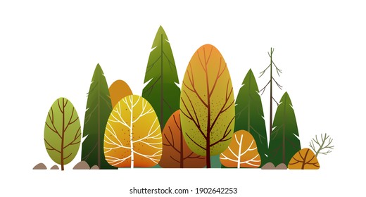 Forest Landscape, Green Trees Park, Alley And Foliage In Summer. Row Of Trees And Shrubs. Cartoon Vector Illustration Isolated On White Background.