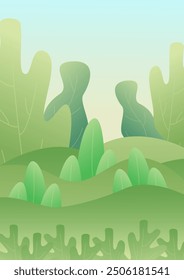 Paisaje del bosque, parque de árboles verdes, follaje en verano. Vertical 2D Anuncio con hojas de primavera abstractas