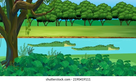 Paisaje forestal con árboles y ríos verdes.