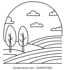 Forest landscape hills. Outdoor scenery illustration. Nature trees Vector. Rural park view.