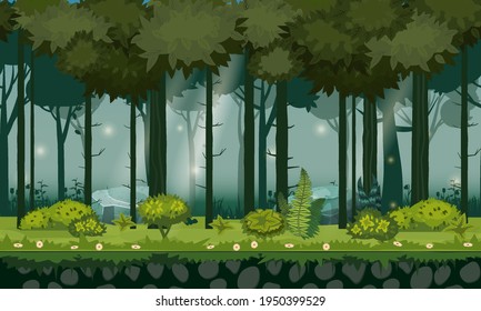 Forest landscape horizontal seamless background for games apps, design. Nature woods, trees, bushes, flora, vector